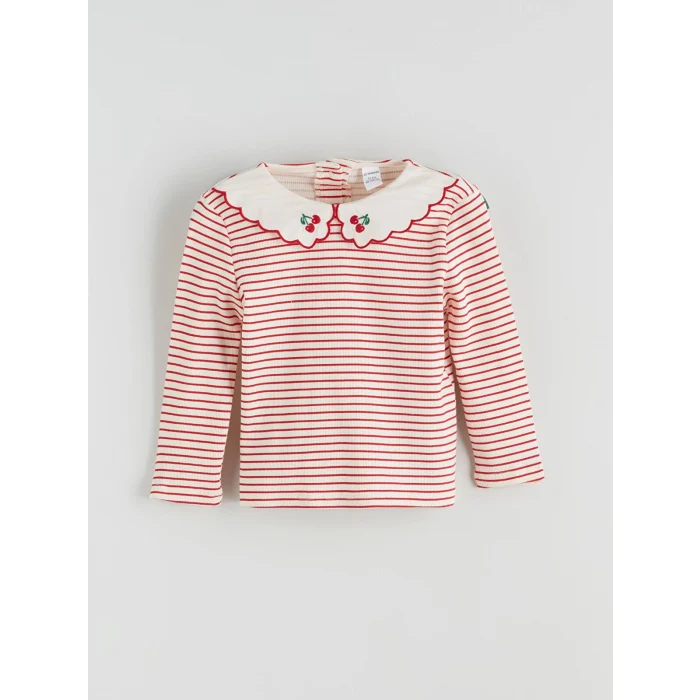 LCW Kids Kirmizi Bebe Yaka Uzun Kollu Çizgili Kız Çocuk Tişört