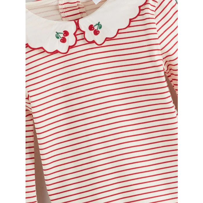 LCW Kids Kirmizi Bebe Yaka Uzun Kollu Çizgili Kız Çocuk Tişört