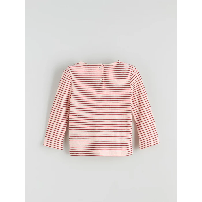LCW Kids Kirmizi Bebe Yaka Uzun Kollu Çizgili Kız Çocuk Tişört