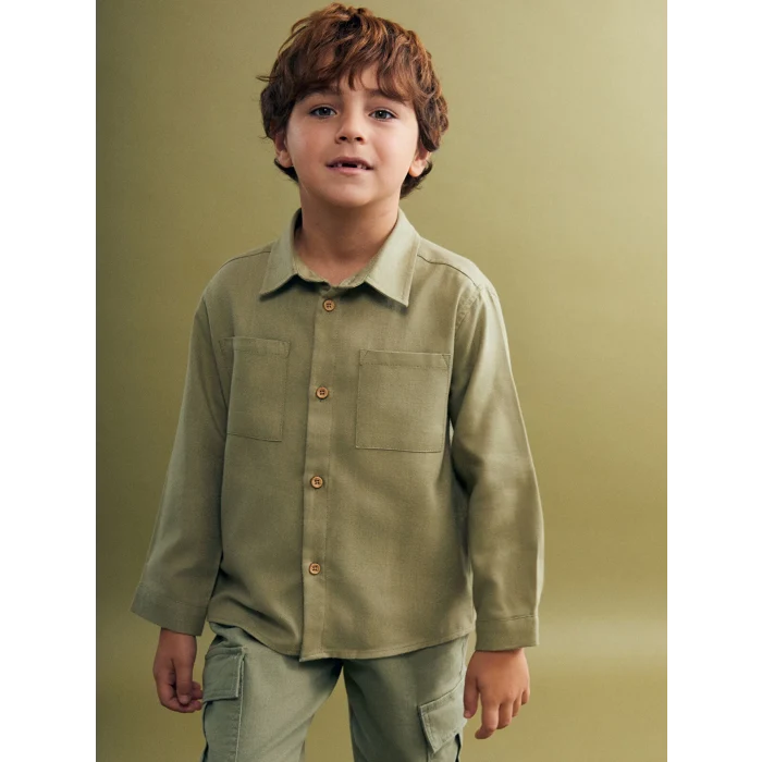 LCW Kids Haki Basic Gabardin Uzun Kollu Erkek Çocuk Gömlek