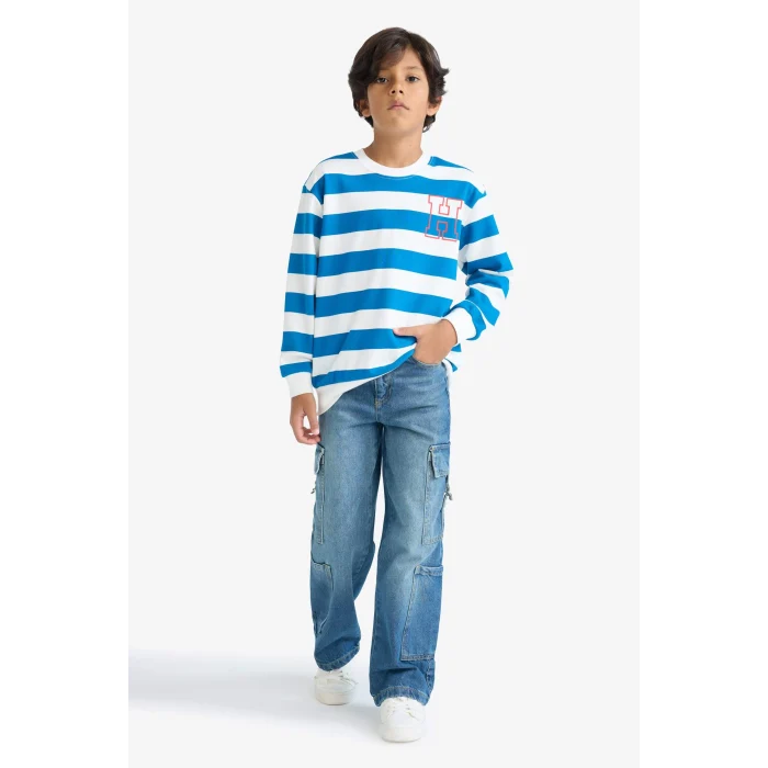 Defacto F4694A8BE539 Mavi Erkek Çocuk Bisiklet Yaka Çizgili Sweatshirt