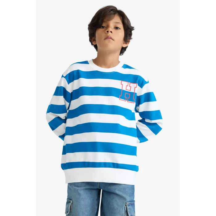 Defacto F4694A8BE539 Mavi Erkek Çocuk Bisiklet Yaka Çizgili Sweatshirt