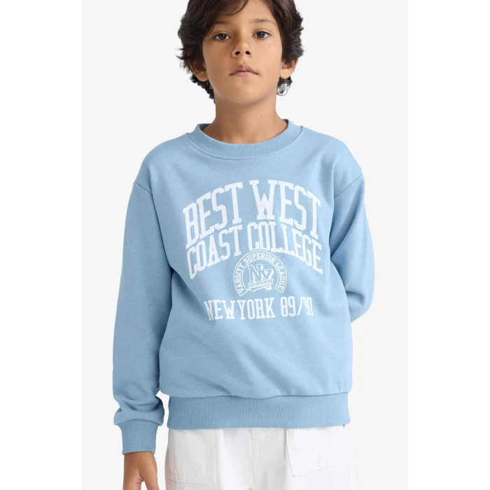 Defacto F2843A8BE770 Mavi Erkek Çocuk Bisiklet Yaka Baskılı Sweatshirt