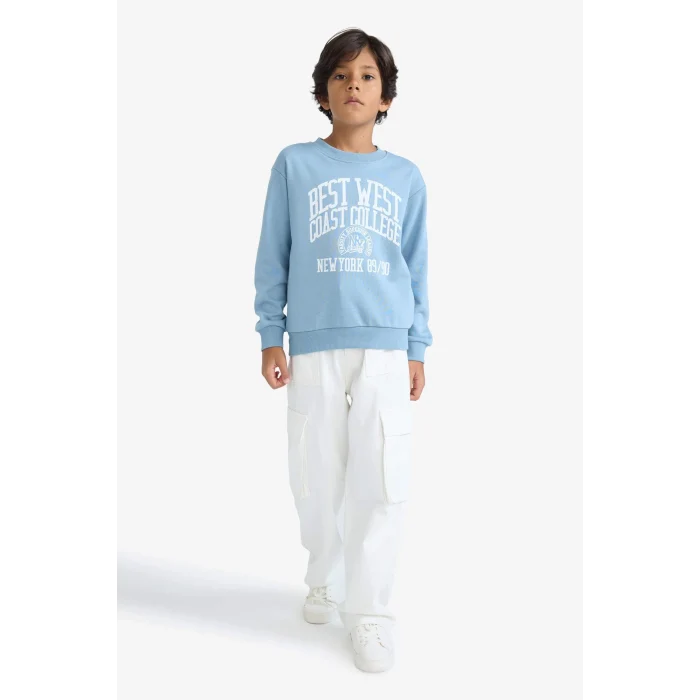 Defacto F2843A8BE770 Mavi Erkek Çocuk Bisiklet Yaka Baskılı Sweatshirt