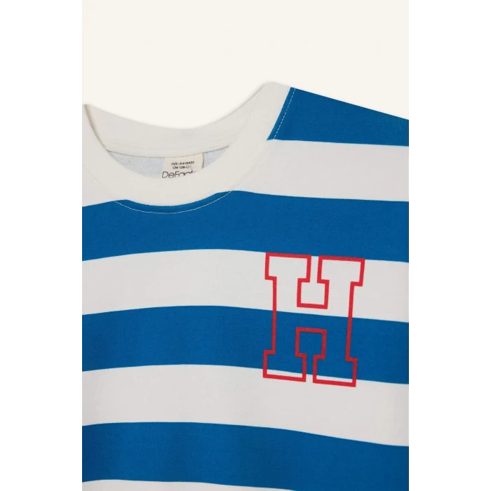 Defacto F4694A8BE539 Mavi Erkek Çocuk Bisiklet Yaka Çizgili Sweatshirt