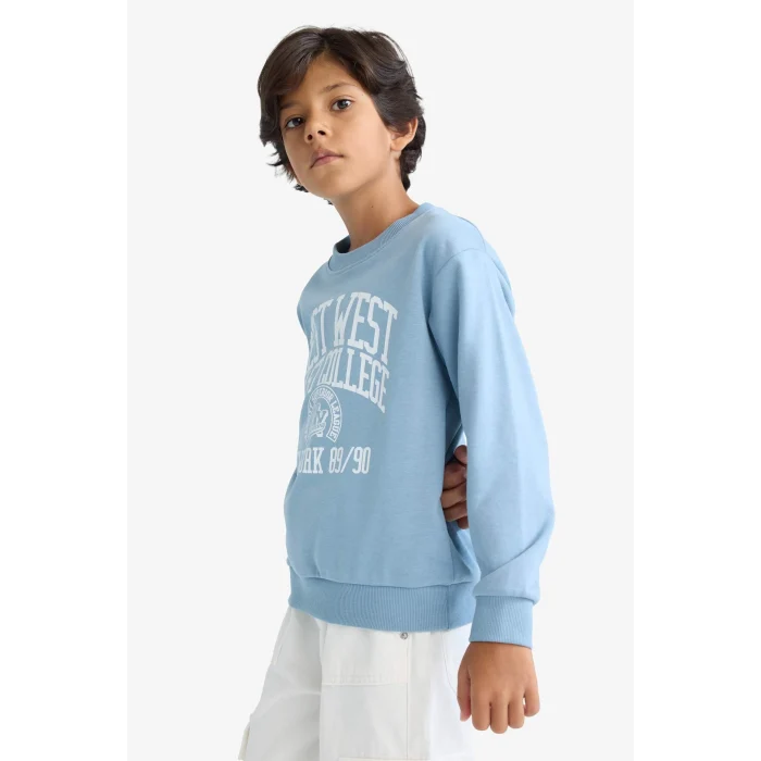 Defacto F2843A8BE770 Mavi Erkek Çocuk Bisiklet Yaka Baskılı Sweatshirt