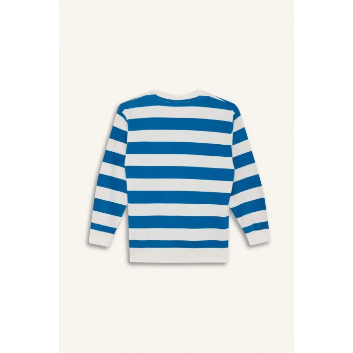 Defacto F4694A8BE539 Mavi Erkek Çocuk Bisiklet Yaka Çizgili Sweatshirt