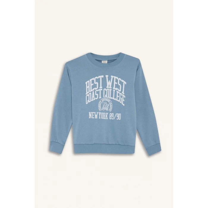 Defacto F2843A8BE770 Mavi Erkek Çocuk Bisiklet Yaka Baskılı Sweatshirt