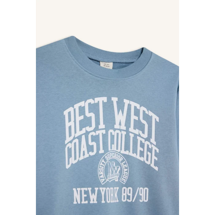 Defacto F2843A8BE770 Mavi Erkek Çocuk Bisiklet Yaka Baskılı Sweatshirt