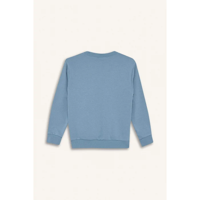 Defacto F2843A8BE770 Mavi Erkek Çocuk Bisiklet Yaka Baskılı Sweatshirt