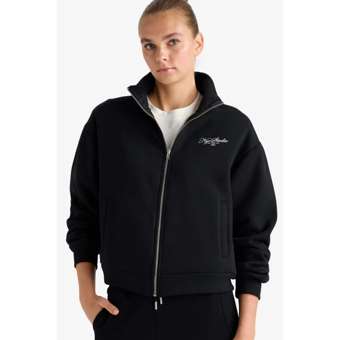 Defacto F7891AXBK81 Siyah Relax Fit Dik Yaka Baskılı Kalın Fermuarlı Sweatshirt