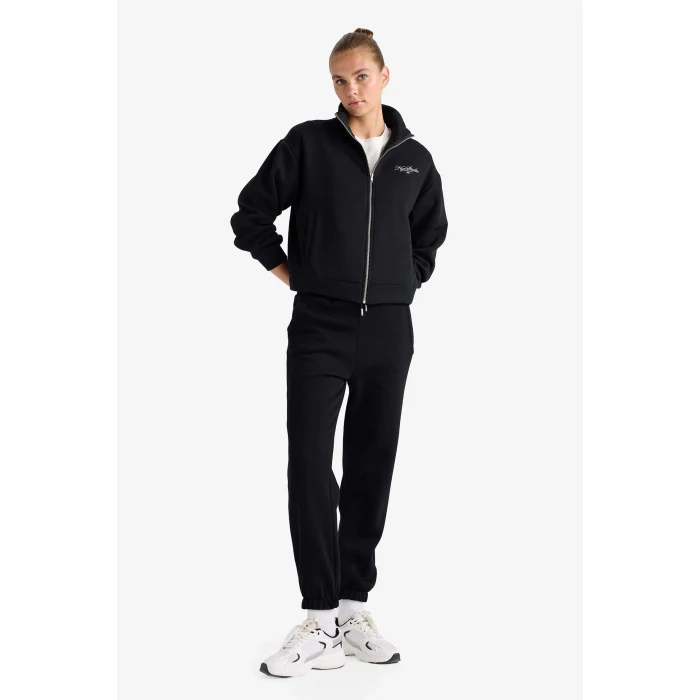 Defacto F7891AXBK81 Siyah Relax Fit Dik Yaka Baskılı Kalın Fermuarlı Sweatshirt