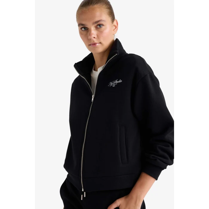 Defacto F7891AXBK81 Siyah Relax Fit Dik Yaka Baskılı Kalın Fermuarlı Sweatshirt