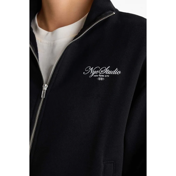 Defacto F7891AXBK81 Siyah Relax Fit Dik Yaka Baskılı Kalın Fermuarlı Sweatshirt