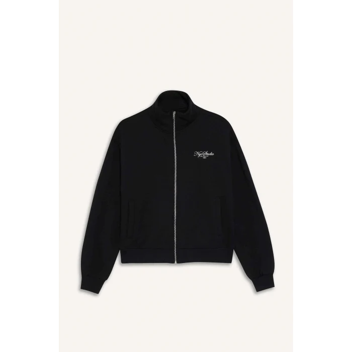 Defacto F7891AXBK81 Siyah Relax Fit Dik Yaka Baskılı Kalın Fermuarlı Sweatshirt