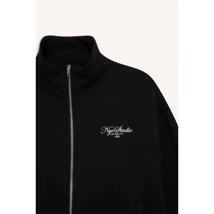 Defacto F7891AXBK81 Siyah Relax Fit Dik Yaka Baskılı Kalın Fermuarlı Sweatshirt