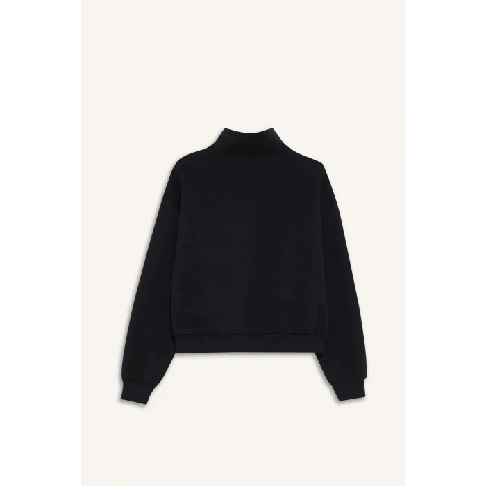 Defacto F7891AXBK81 Siyah Relax Fit Dik Yaka Baskılı Kalın Fermuarlı Sweatshirt