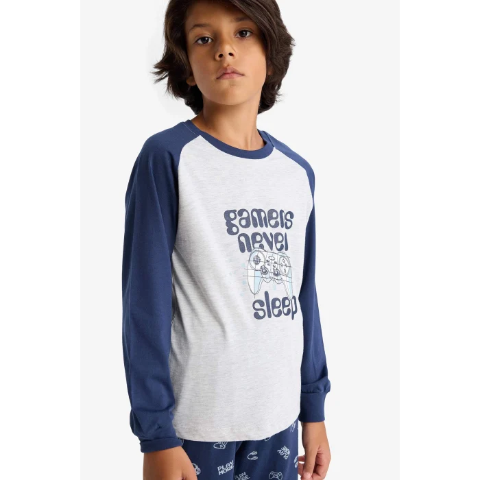 Defacto F1894A8GR400 Gri Erkek Çocuk Pijama Takımı Baskılı Uzun Kollu Üst Uzun Alt