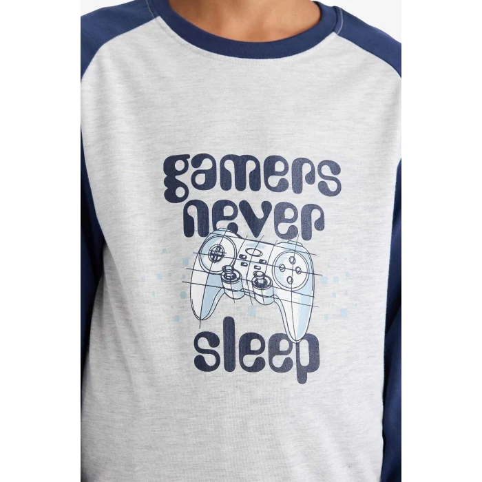 Defacto F1894A8GR400 Gri Erkek Çocuk Pijama Takımı Baskılı Uzun Kollu Üst Uzun Alt