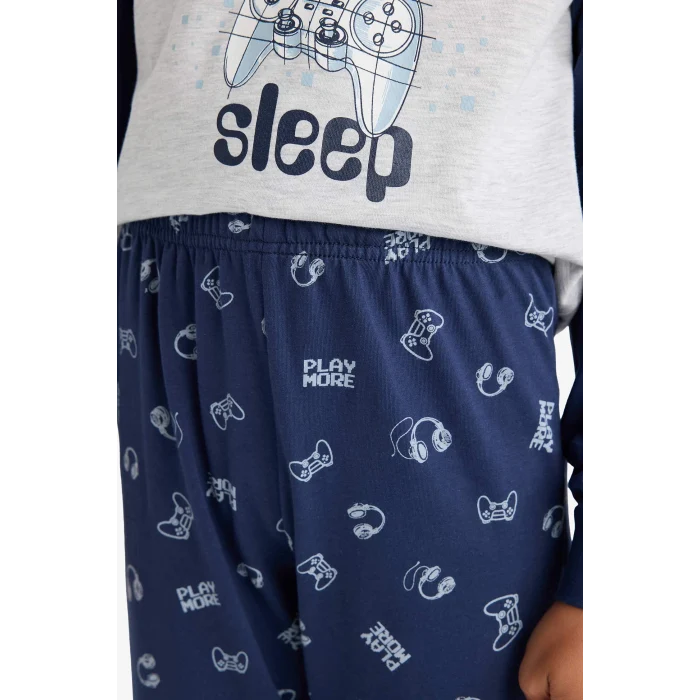 Defacto F1894A8GR400 Gri Erkek Çocuk Pijama Takımı Baskılı Uzun Kollu Üst Uzun Alt