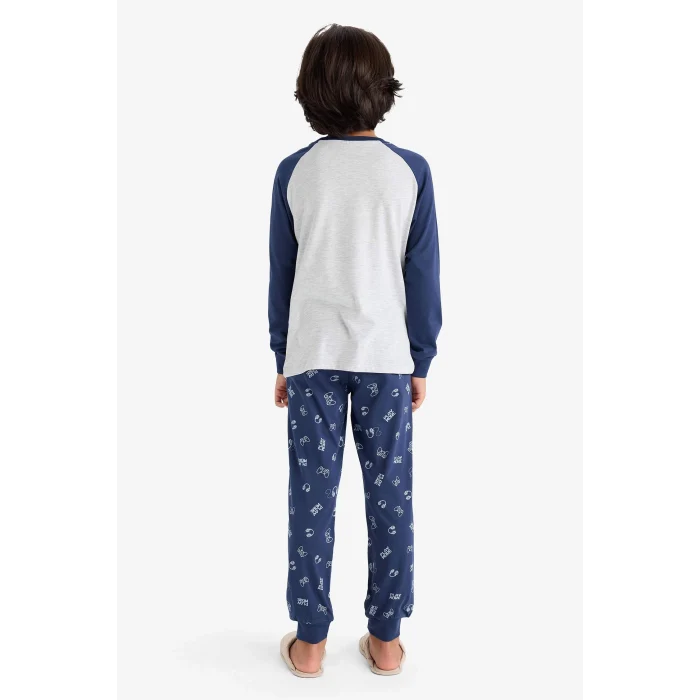 Defacto F1894A8GR400 Gri Erkek Çocuk Pijama Takımı Baskılı Uzun Kollu Üst Uzun Alt