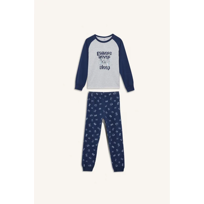 Defacto F1894A8GR400 Gri Erkek Çocuk Pijama Takımı Baskılı Uzun Kollu Üst Uzun Alt