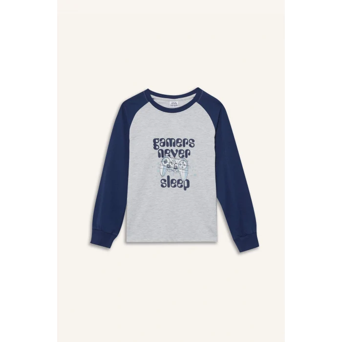 Defacto F1894A8GR400 Gri Erkek Çocuk Pijama Takımı Baskılı Uzun Kollu Üst Uzun Alt