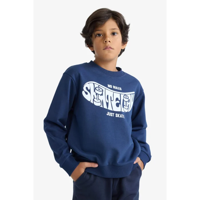 Defacto F2841A8NV241 Lacivert Erkek Çocuk Bisiklet Yaka Baskılı Sweatshirt