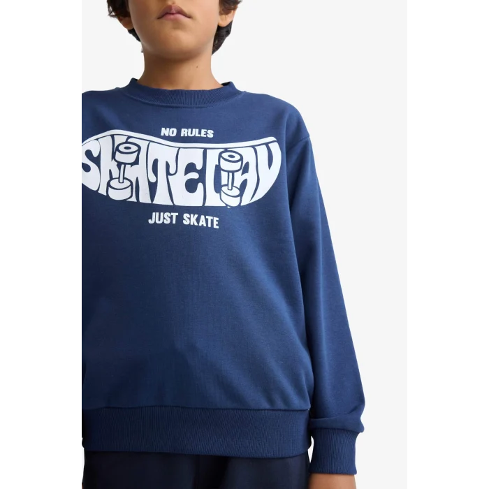 Defacto F2841A8NV241 Lacivert Erkek Çocuk Bisiklet Yaka Baskılı Sweatshirt