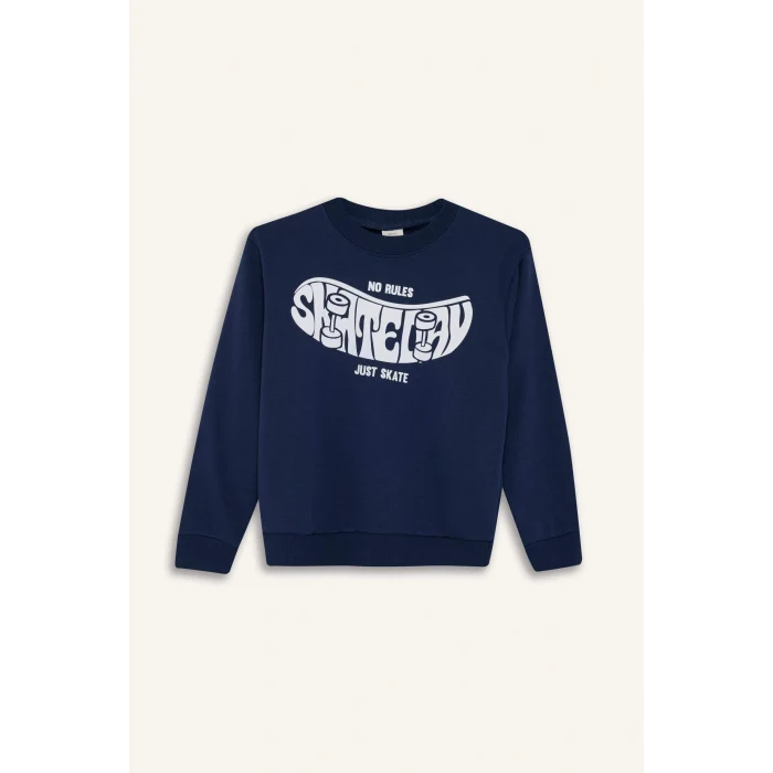 Defacto F2841A8NV241 Lacivert Erkek Çocuk Bisiklet Yaka Baskılı Sweatshirt