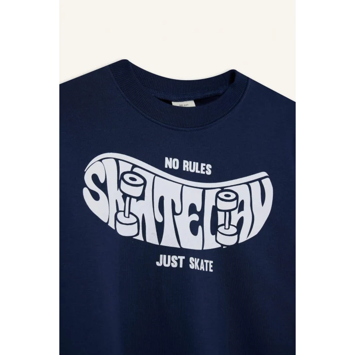 Defacto F2841A8NV241 Lacivert Erkek Çocuk Bisiklet Yaka Baskılı Sweatshirt