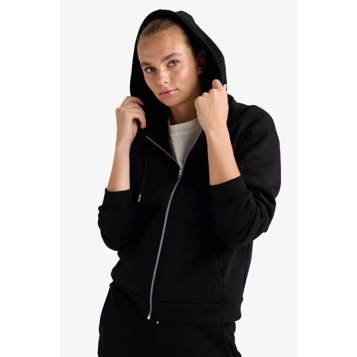Defacto C1809AXBK81 Siyah Relax Fit Kapüşonlu Basic Düz Kalın Fermuarlı Sweatshirt