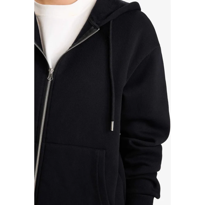 Defacto C1809AXBK81 Siyah Relax Fit Kapüşonlu Basic Düz Kalın Fermuarlı Sweatshirt