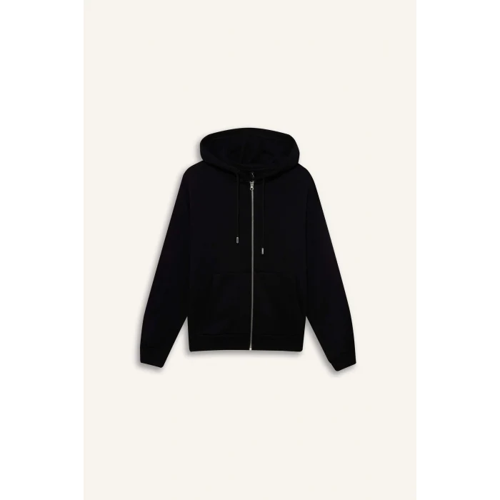 Defacto C1809AXBK81 Siyah Relax Fit Kapüşonlu Basic Düz Kalın Fermuarlı Sweatshirt