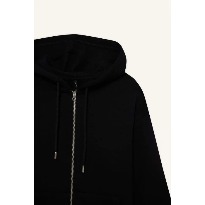 Defacto C1809AXBK81 Siyah Relax Fit Kapüşonlu Basic Düz Kalın Fermuarlı Sweatshirt