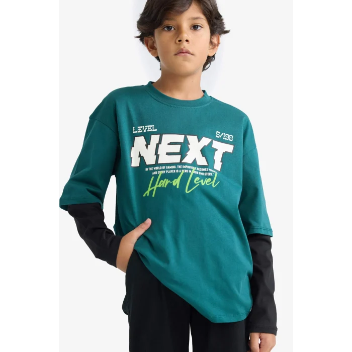 Defacto E9589A8GN155 Yeşil Erkek Çocuk Oversize Geniş Kalıp Bisiklet Yaka Baskılı Uzun Kollu Tişört