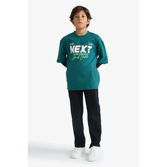 Defacto E9589A8GN155 Yeşil Erkek Çocuk Oversize Geniş Kalıp Bisiklet Yaka Baskılı Uzun Kollu Tişört