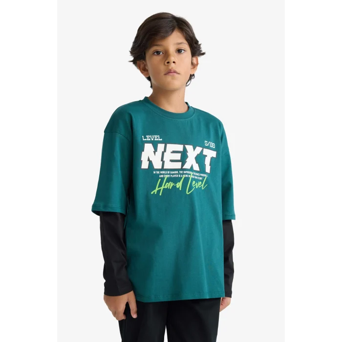 Defacto E9589A8GN155 Yeşil Erkek Çocuk Oversize Geniş Kalıp Bisiklet Yaka Baskılı Uzun Kollu Tişört