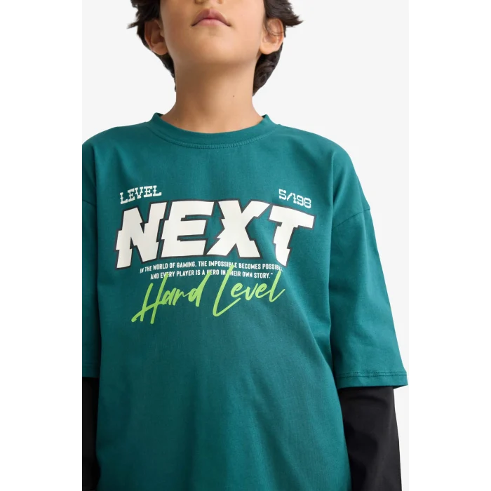 Defacto E9589A8GN155 Yeşil Erkek Çocuk Oversize Geniş Kalıp Bisiklet Yaka Baskılı Uzun Kollu Tişört