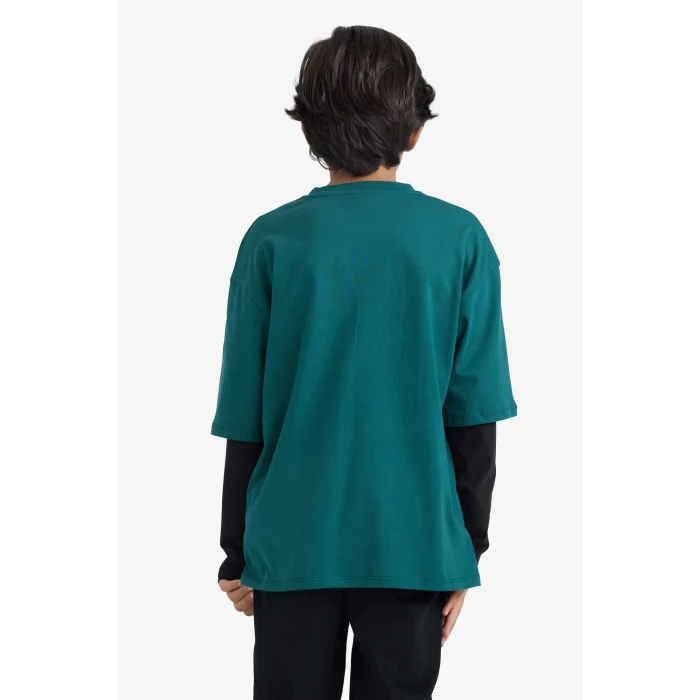 Defacto E9589A8GN155 Yeşil Erkek Çocuk Oversize Geniş Kalıp Bisiklet Yaka Baskılı Uzun Kollu Tişört