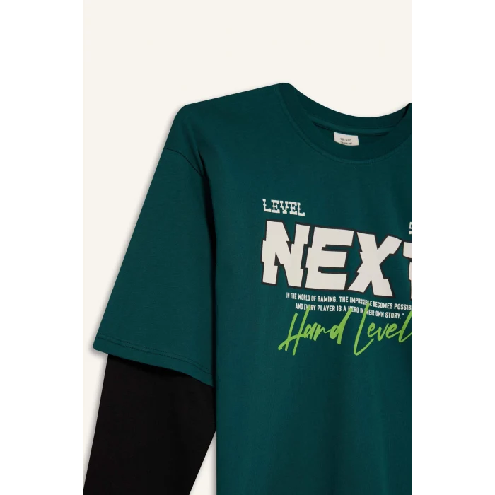 Defacto E9589A8GN155 Yeşil Erkek Çocuk Oversize Geniş Kalıp Bisiklet Yaka Baskılı Uzun Kollu Tişört