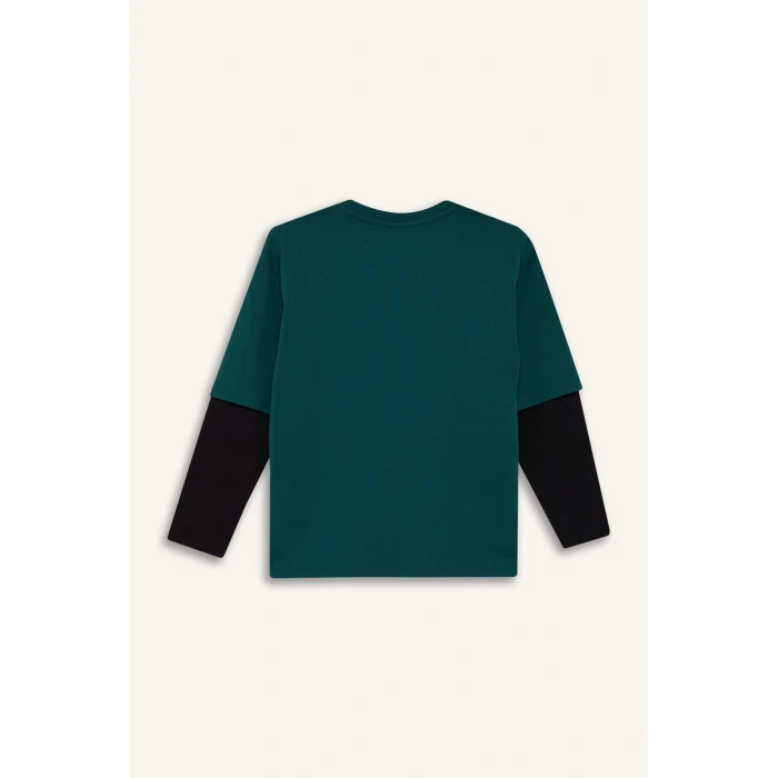 Defacto E9589A8GN155 Yeşil Erkek Çocuk Oversize Geniş Kalıp Bisiklet Yaka Baskılı Uzun Kollu Tişört