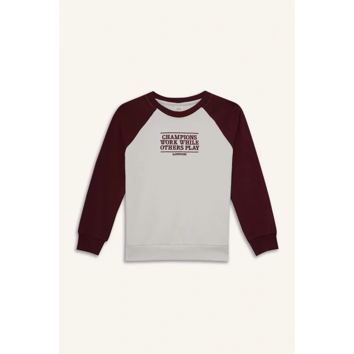 Defacto F2707A8ER136 Ekru Erkek Çocuk Oversize Geniş Kalıp Bisiklet Yaka Nakışlı Sweatshirt