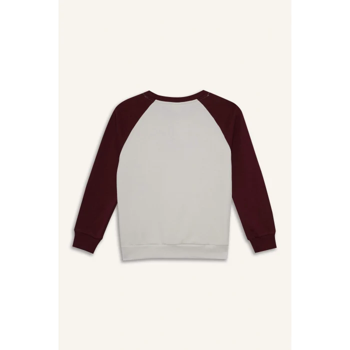 Defacto F2707A8ER136 Ekru Erkek Çocuk Oversize Geniş Kalıp Bisiklet Yaka Nakışlı Sweatshirt