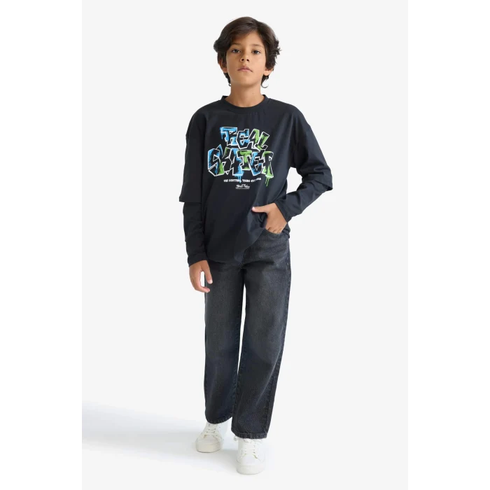Defacto E9585A8NV86 Lacivert Erkek Çocuk Oversize Geniş Kalıp Bisiklet Yaka Baskılı Uzun Kollu Tişört