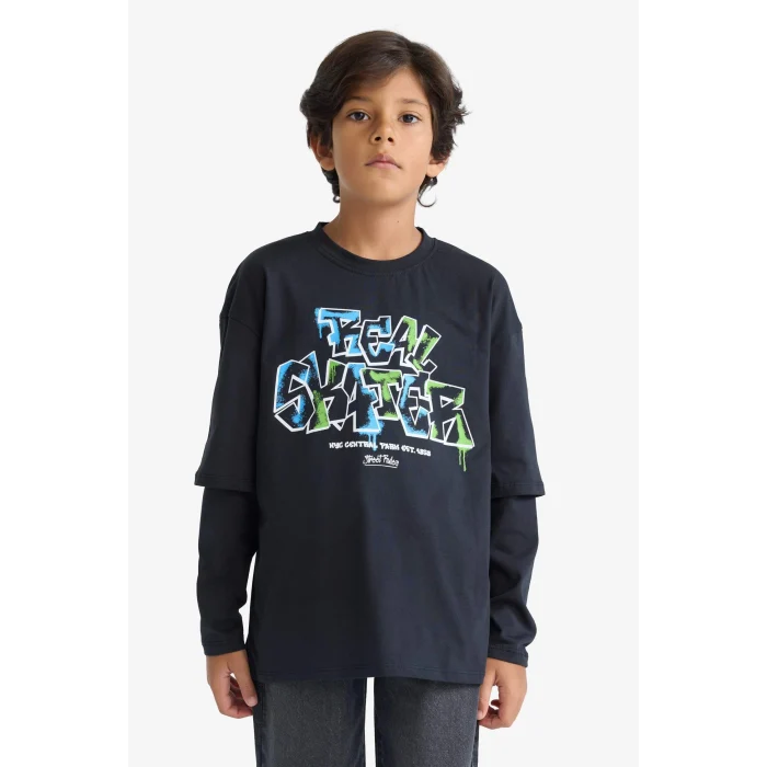 Defacto E9585A8NV86 Lacivert Erkek Çocuk Oversize Geniş Kalıp Bisiklet Yaka Baskılı Uzun Kollu Tişört