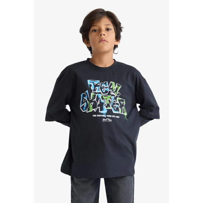 Defacto E9585A8NV86 Lacivert Erkek Çocuk Oversize Geniş Kalıp Bisiklet Yaka Baskılı Uzun Kollu Tişört