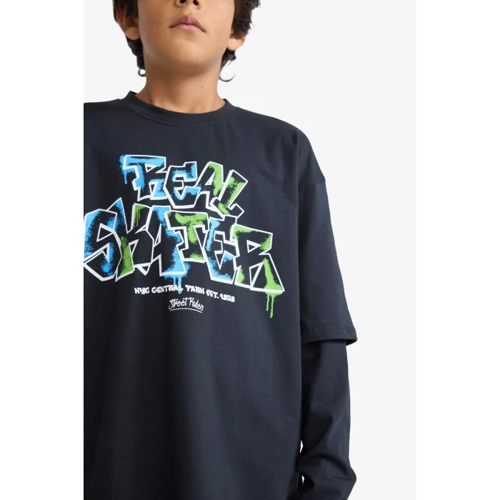 Defacto E9585A8NV86 Lacivert Erkek Çocuk Oversize Geniş Kalıp Bisiklet Yaka Baskılı Uzun Kollu Tişört