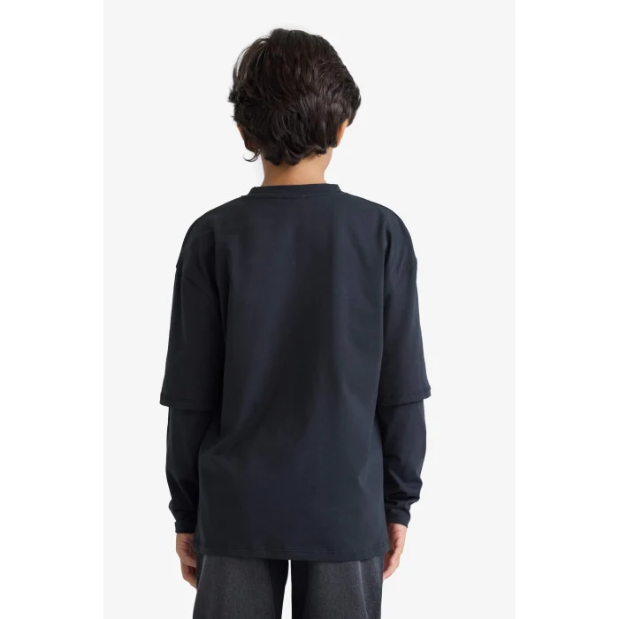 Defacto E9585A8NV86 Lacivert Erkek Çocuk Oversize Geniş Kalıp Bisiklet Yaka Baskılı Uzun Kollu Tişört