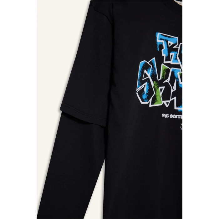 Defacto E9585A8NV86 Lacivert Erkek Çocuk Oversize Geniş Kalıp Bisiklet Yaka Baskılı Uzun Kollu Tişört